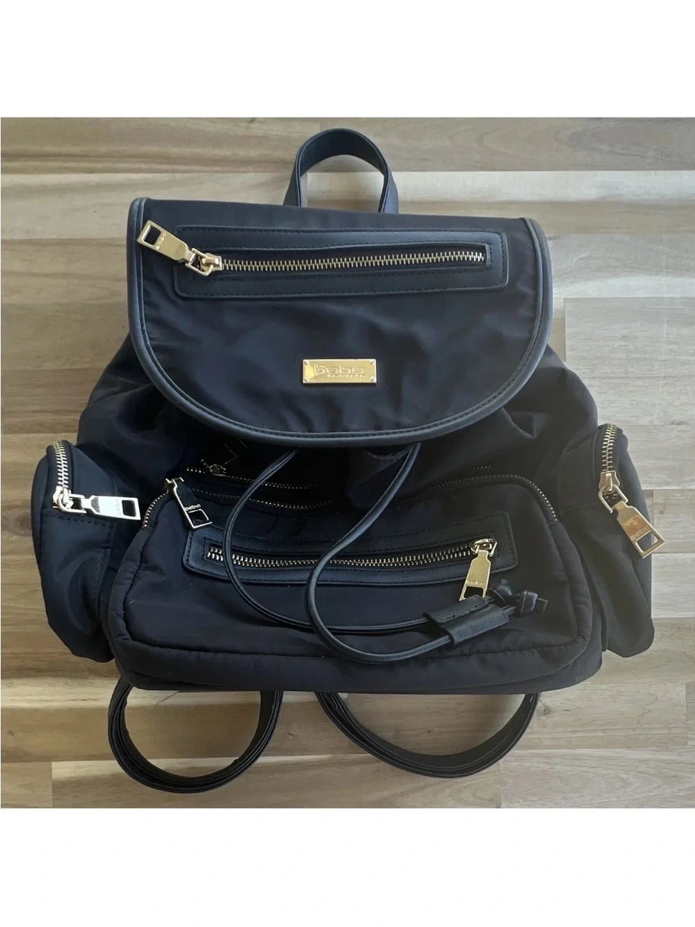 bebe Black Nylon Backpack with Gold Hardware Accents